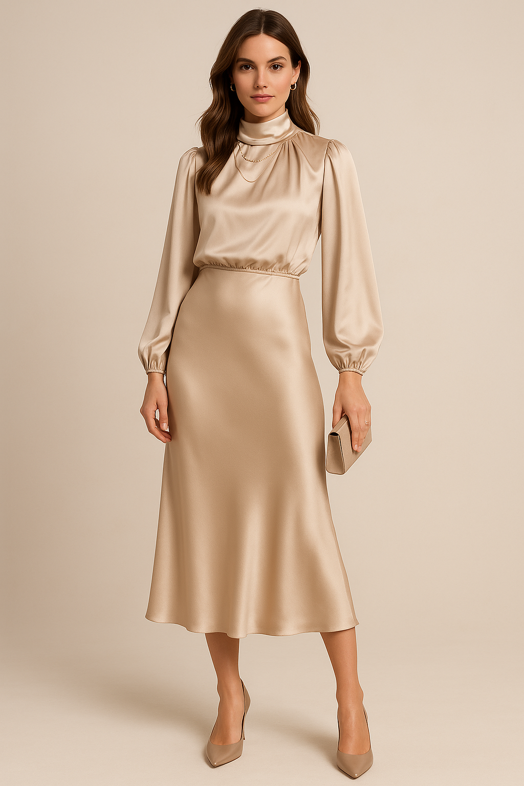 Aurore | Satin Mock-Neck Bishop Sleeve Midi Dress