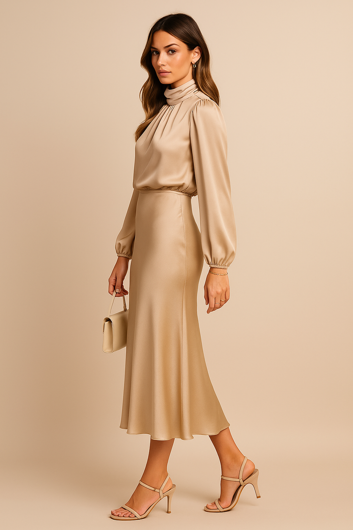 Aurore | Satin Mock-Neck Bishop Sleeve Midi Dress