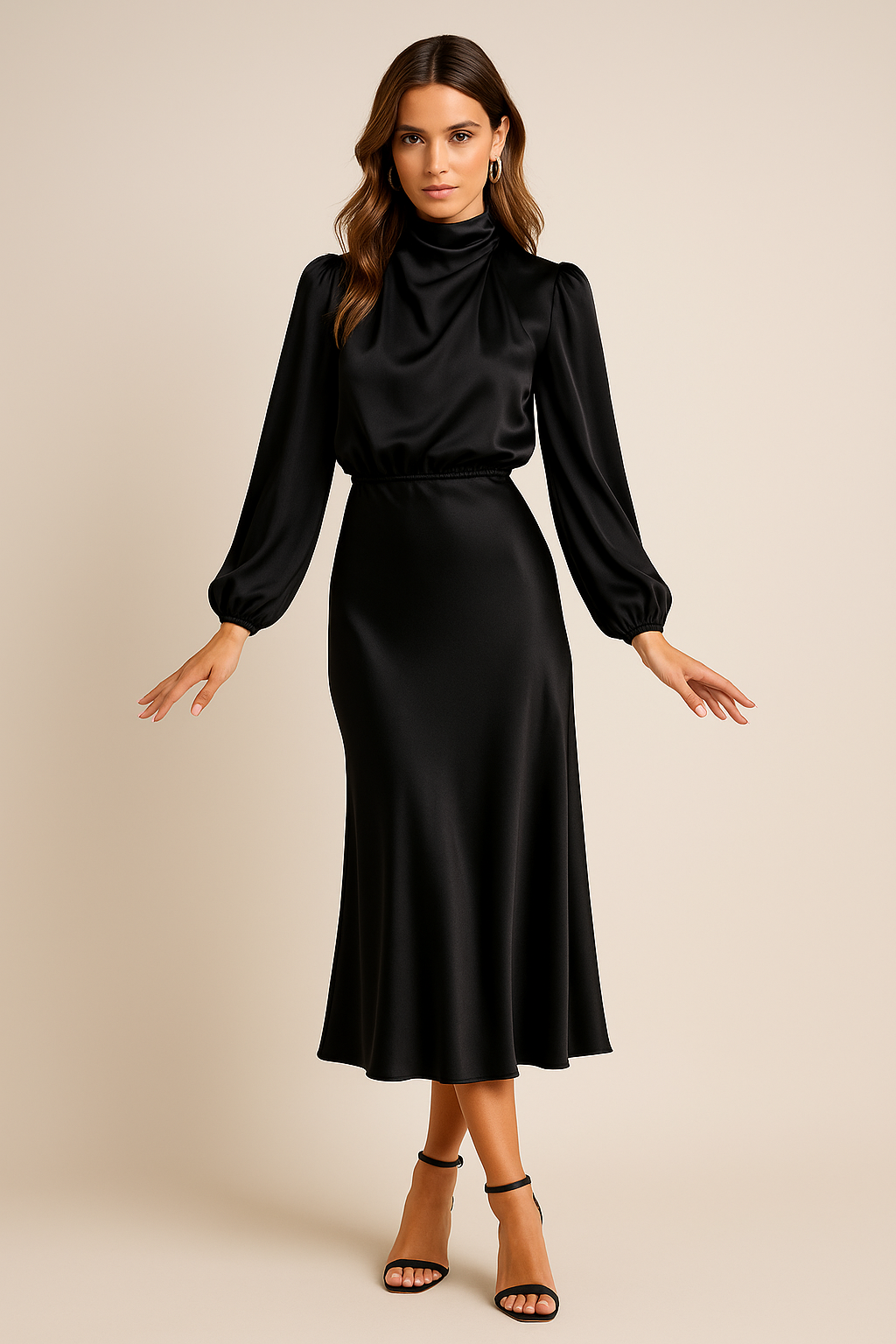 Aurore | Satin Mock-Neck Bishop Sleeve Midi Dress