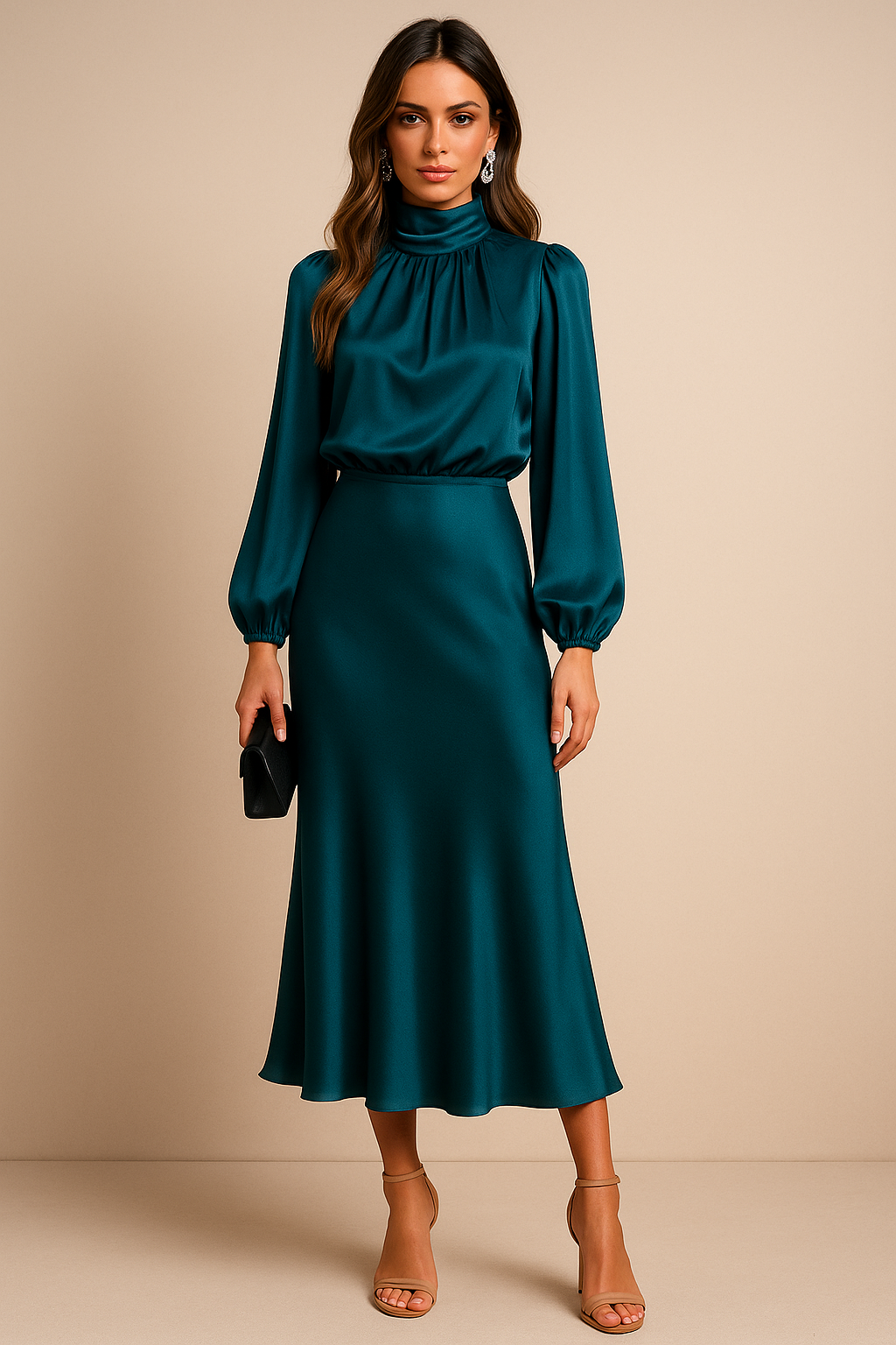 Aurore | Satin Mock-Neck Bishop Sleeve Midi Dress