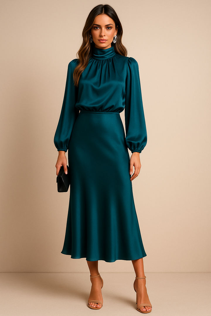 Aurore | Satin Mock-Neck Bishop Sleeve Midi Dress