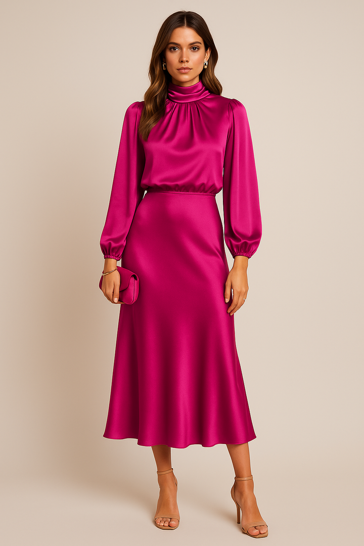 Aurore | Satin Mock-Neck Bishop Sleeve Midi Dress