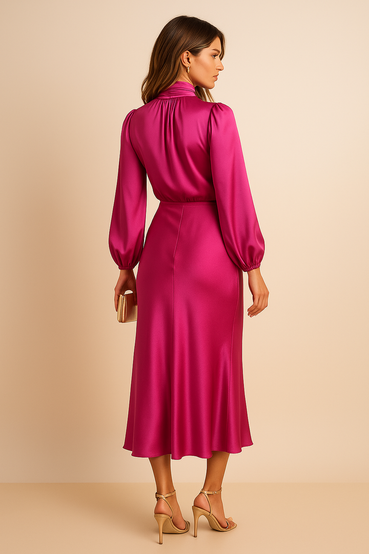 Aurore | Satin Mock-Neck Bishop Sleeve Midi Dress