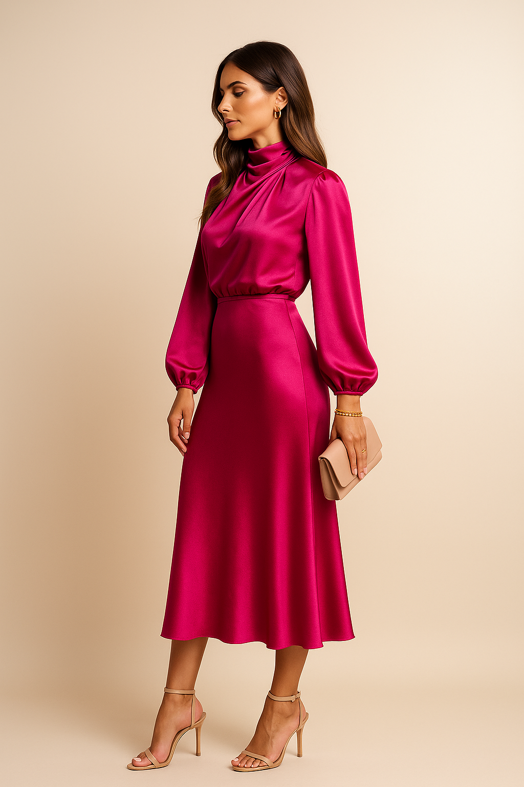 Aurore | Satin Mock-Neck Bishop Sleeve Midi Dress