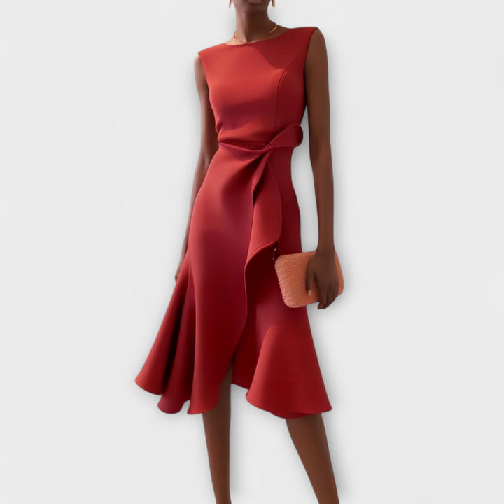 Elise | Asymmetric Ruffle Midi Dress