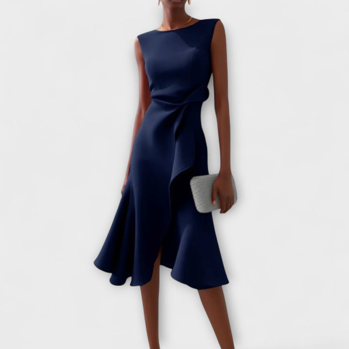Elise | Asymmetric Ruffle Midi Dress