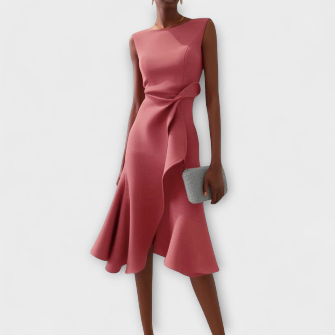 Elise | Asymmetric Ruffle Midi Dress
