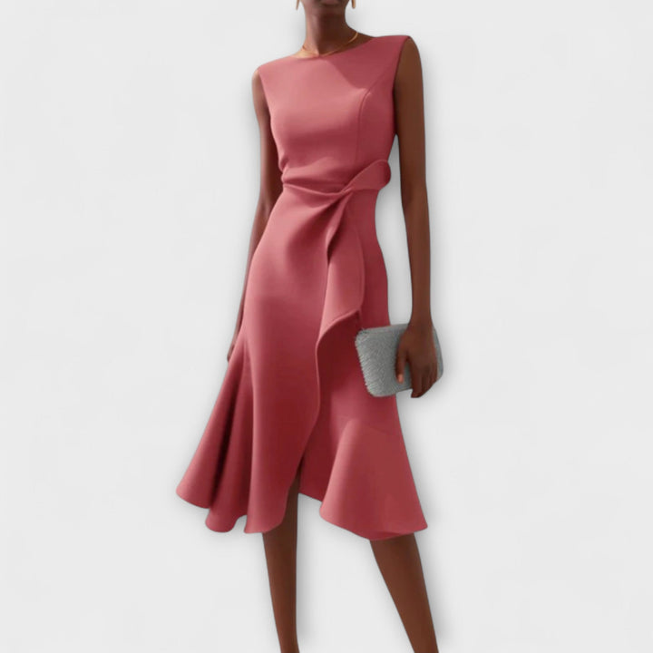 Elise | Asymmetric Ruffle Midi Dress