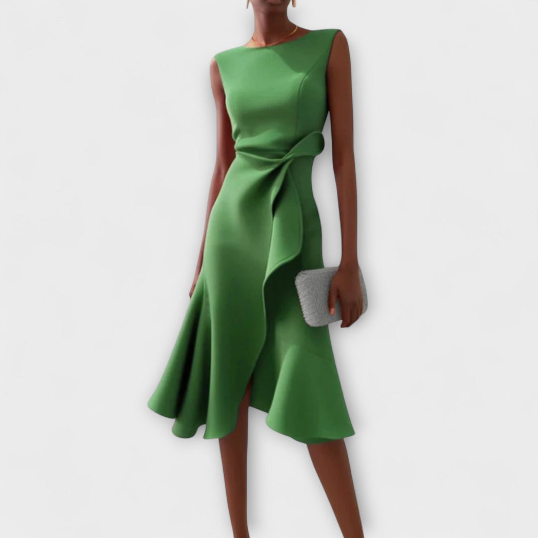Elise | Asymmetric Ruffle Midi Dress