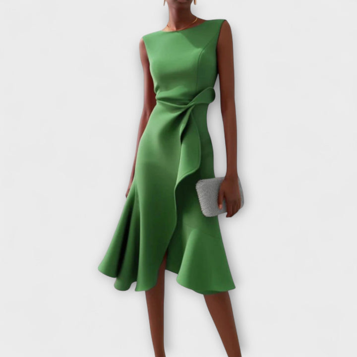 Elise | Asymmetric Ruffle Midi Dress