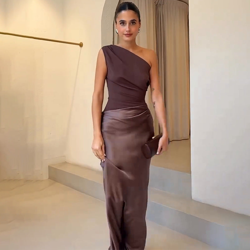 Nikkie | One-Shoulder Ruched Satin Maxi Dress