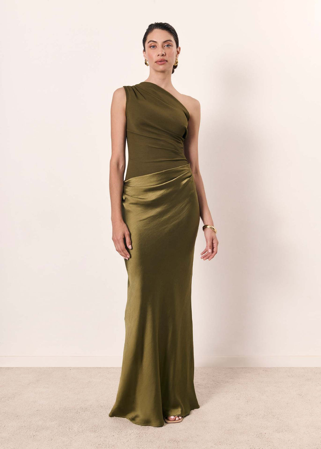 Nikkie | One-Shoulder Ruched Satin Maxi Dress